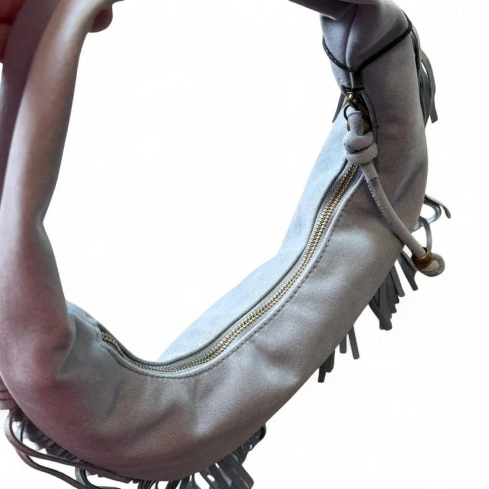 Juniper & Joy Gray/Blue Faux Suede‎ Fringe Hobo Shoulder Bag